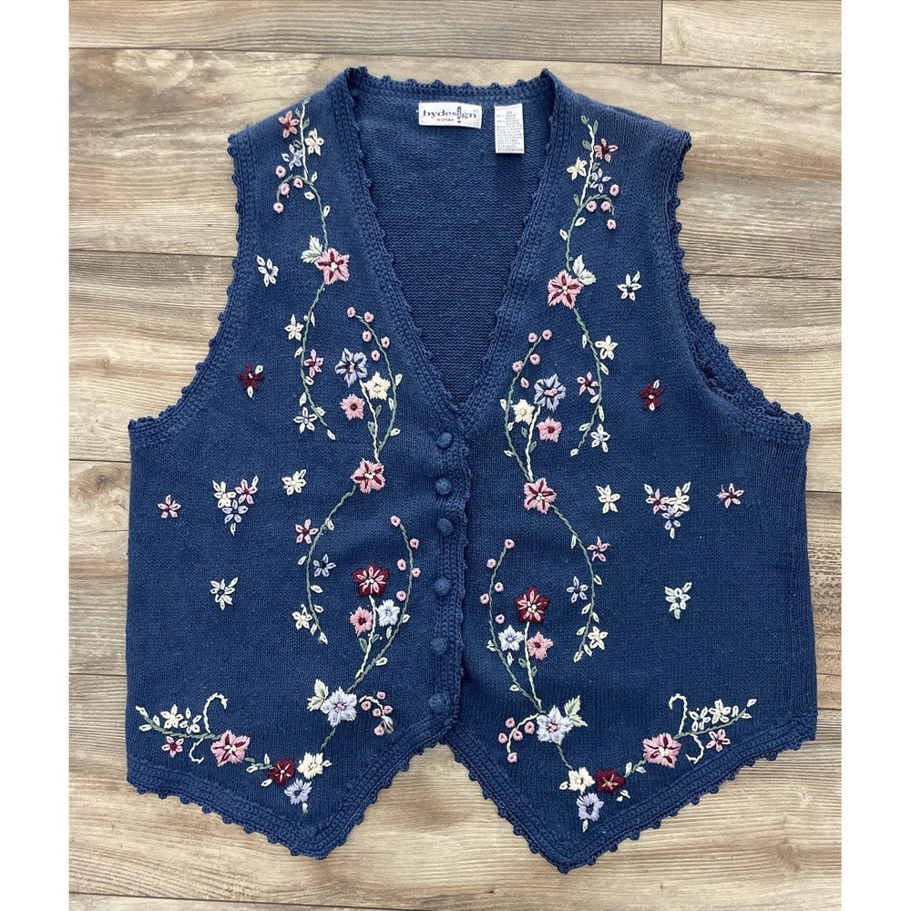 Vintage By Design Floral Embroidered Pearl Beaded Sweater Vest Sz 2X Cottagecore